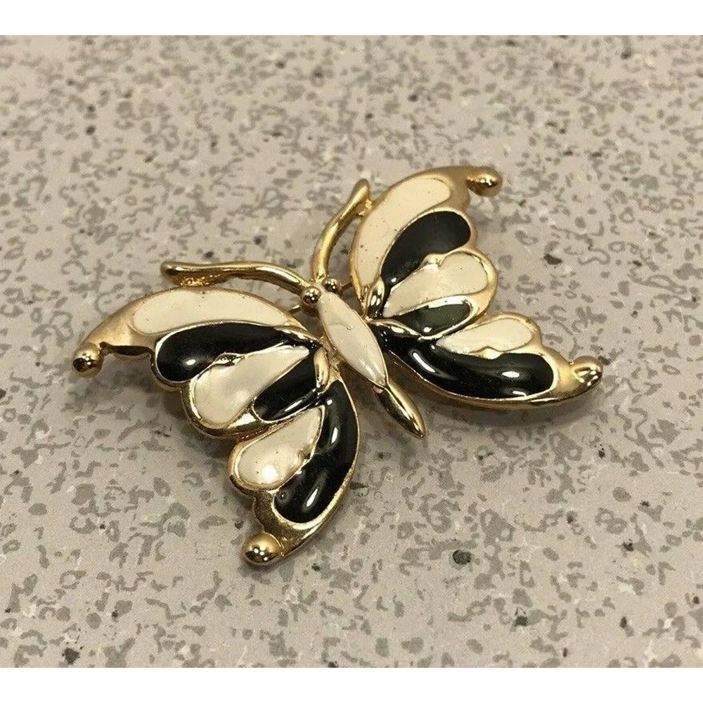 Vintage Butterfly Brooch Gold Black & Ivory Enamel